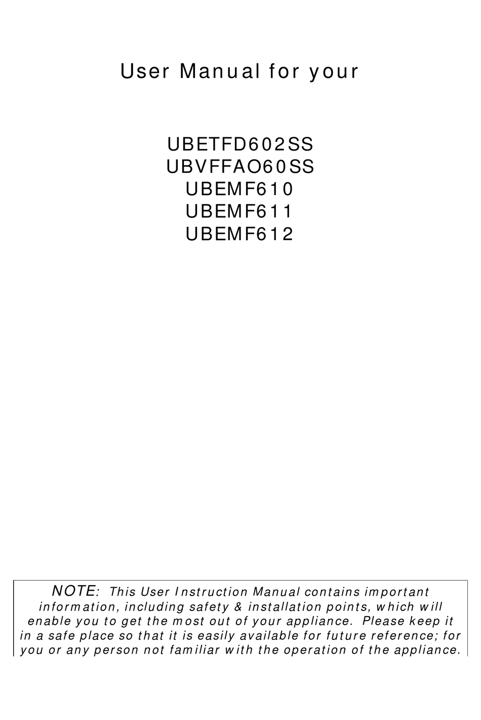 SPARES ZONE UBETFD602SS USER MANUAL Pdf Download ManualsLib