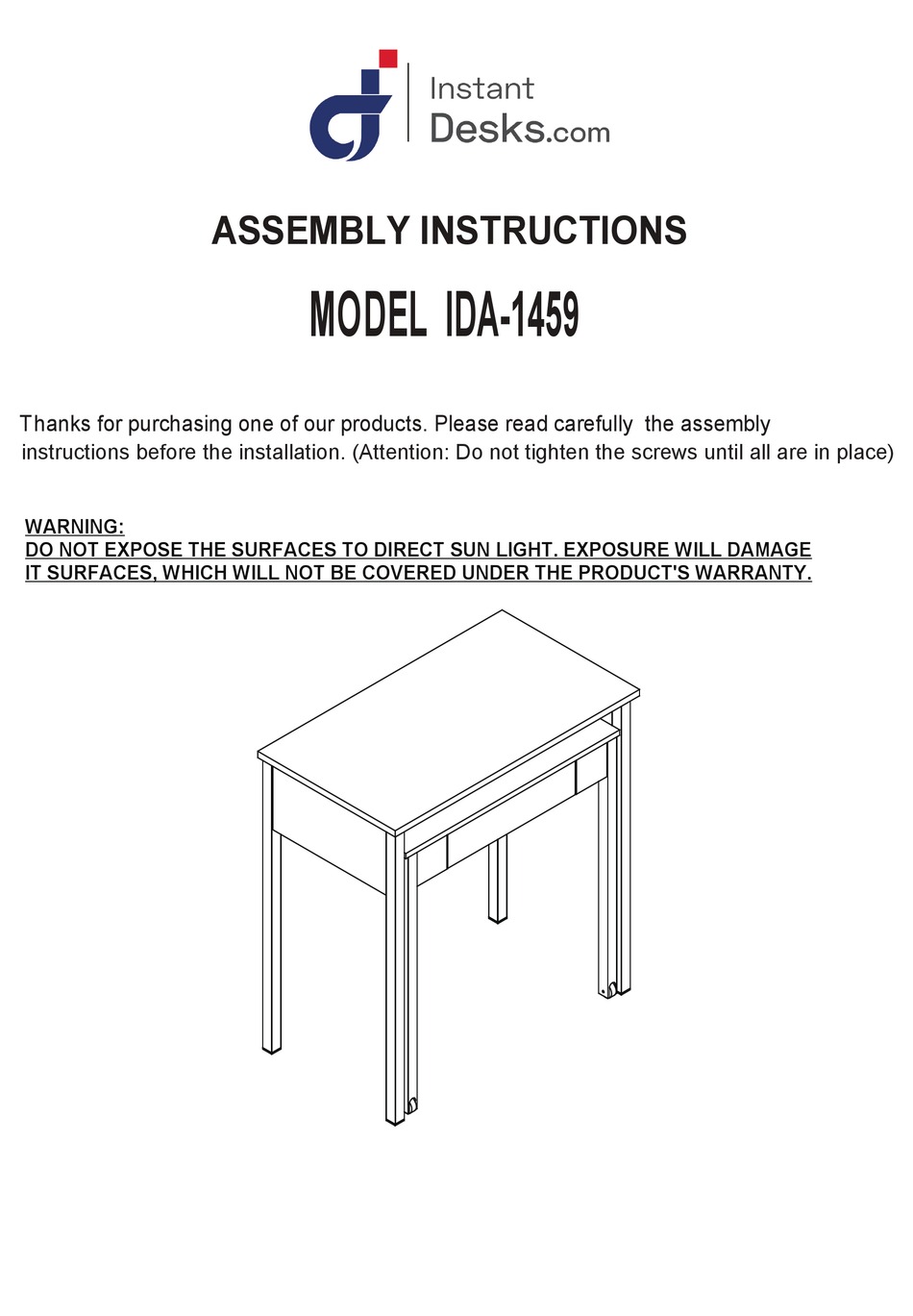 RTA PRODUCTS IDA1459 ASSEMBLY INSTRUCTIONS MANUAL Pdf Download