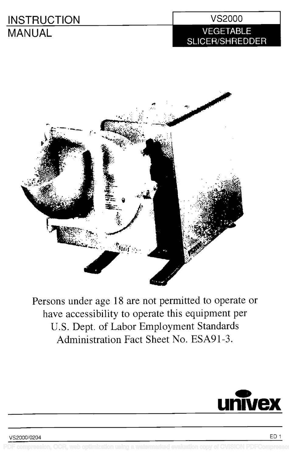 UNIVEX VS2000 INSTRUCTION MANUAL Pdf Download ManualsLib