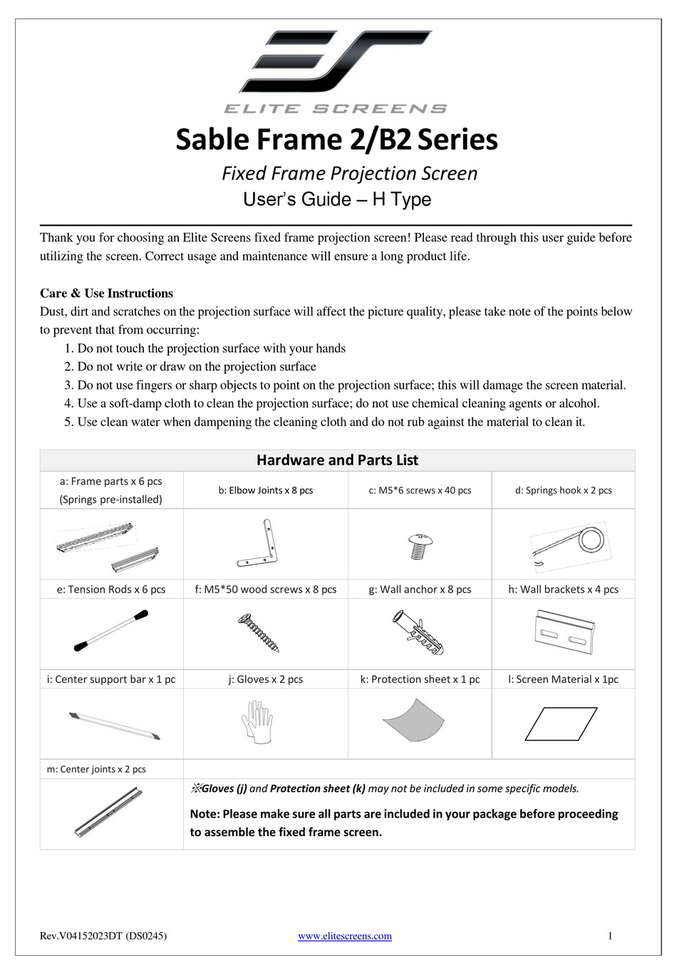 ELITE SCREENS SABLE FRAME 2 SERIES USER MANUAL Pdf Download ManualsLib