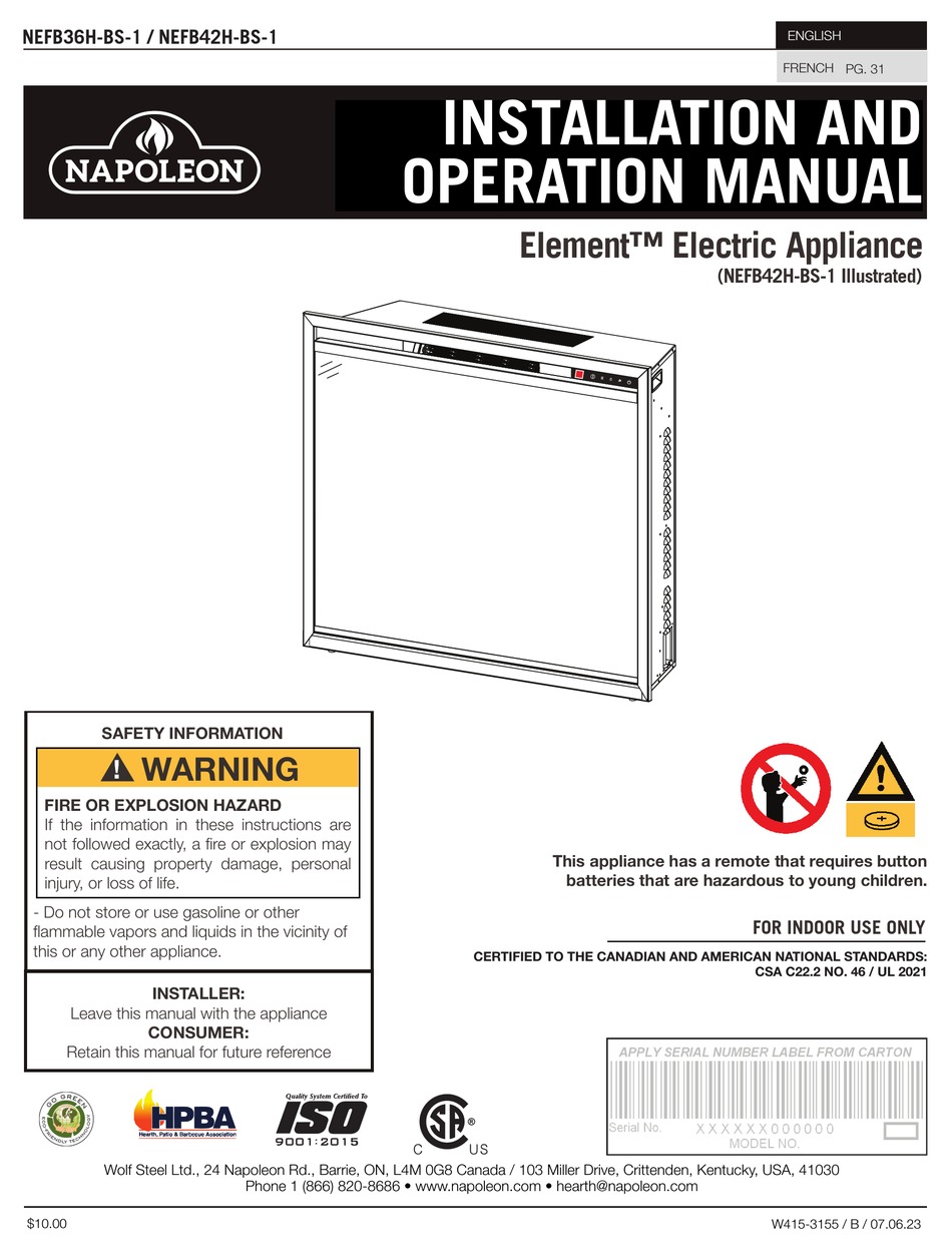NAPOLEON ELEMENT NEFB36HBS1 INSTALLATION AND OPERATION MANUAL Pdf