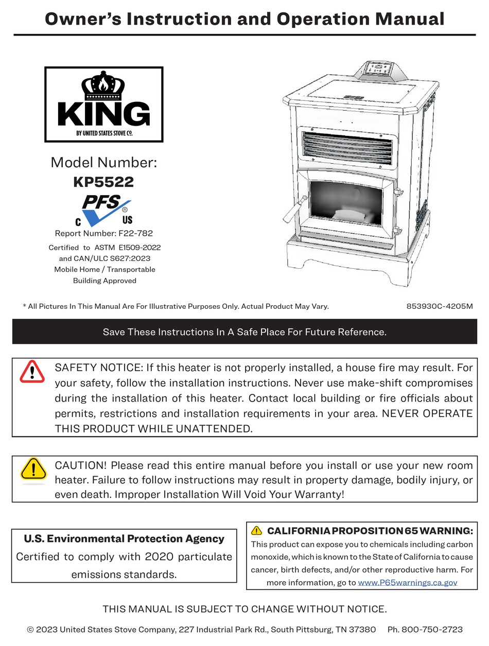 UNITED STATES STOVE KING KP5522 OWNER’S INSTRUCTION AND OPERATION