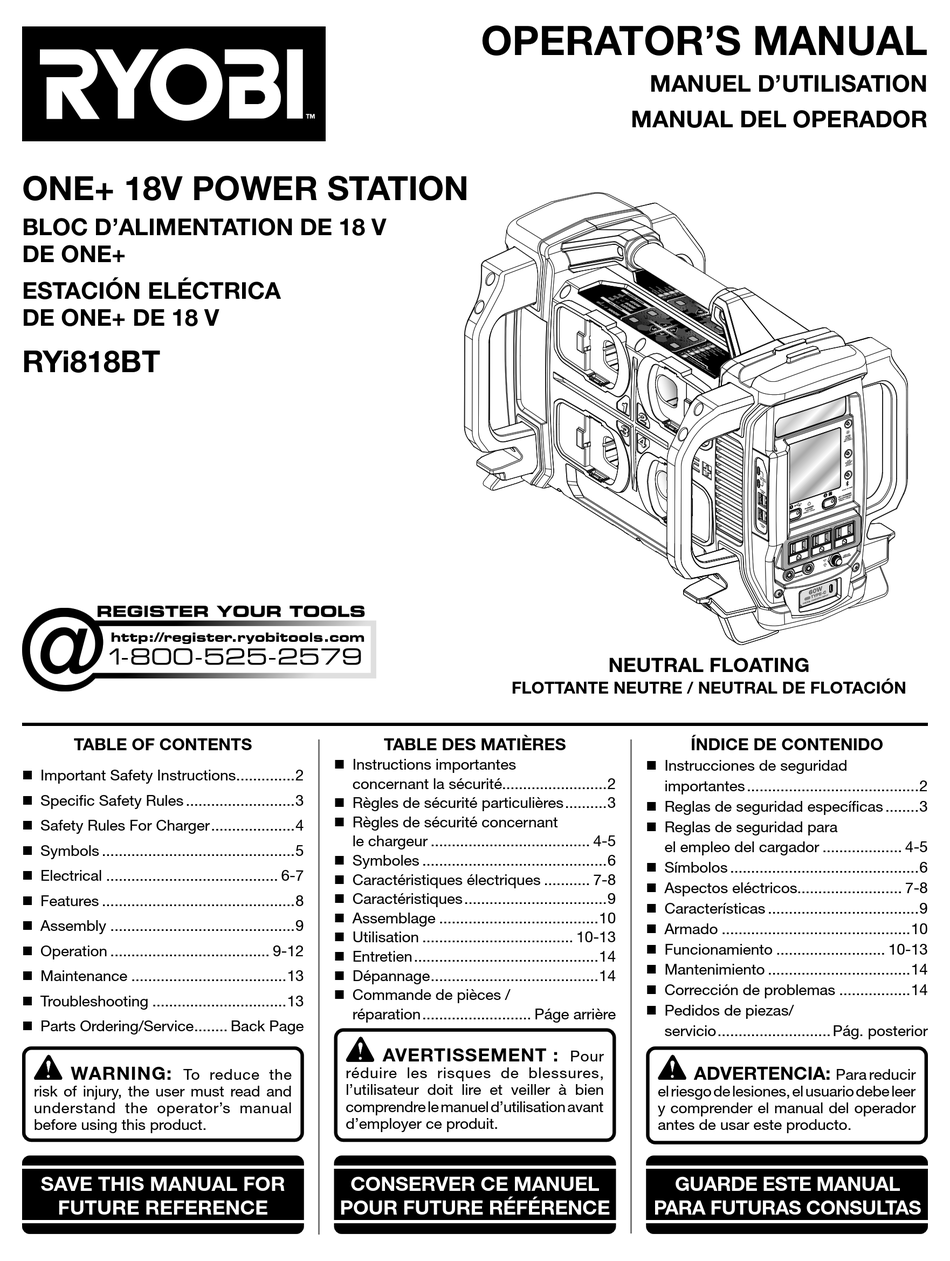 RYOBI ONE+ RYI818BT OPERATOR'S MANUAL Pdf Download | ManualsLib