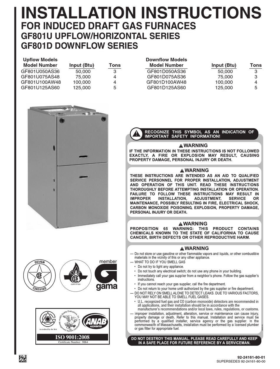 RHEEM GF801U UPFLOW SERIES INSTALLATION INSTRUCTIONS MANUAL Pdf
