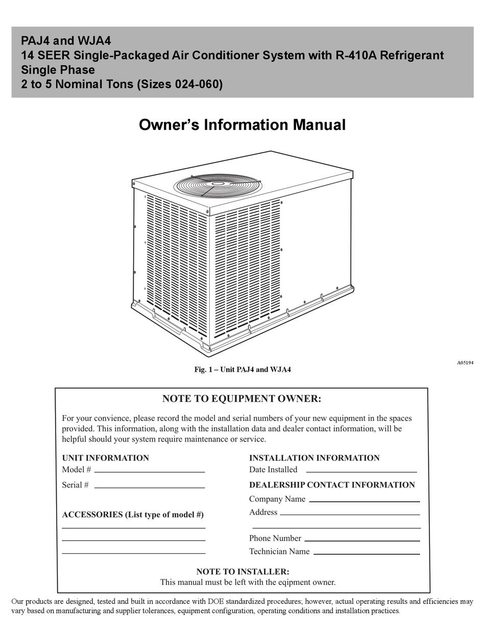 CARRIER PAJ4 OWNER'S INFORMATION MANUAL Pdf Download | ManualsLib