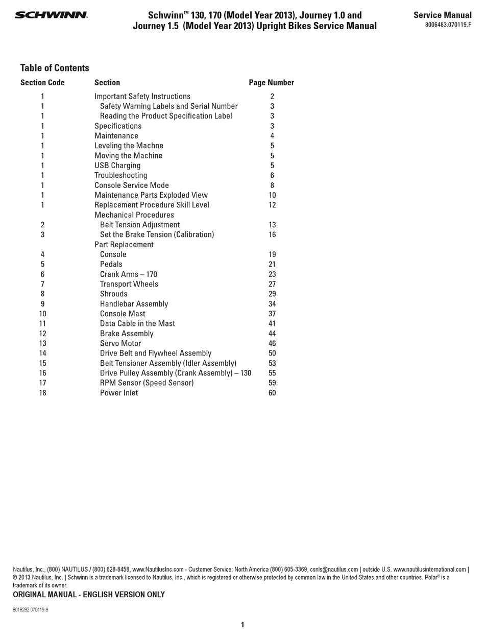 SCHWINN JOURNEY 1.0 SERVICE MANUAL Pdf Download ManualsLib