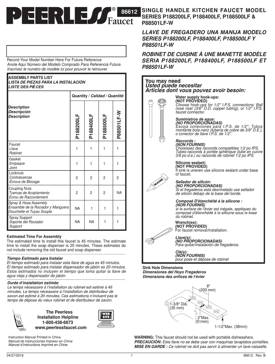 PEERLESS FAUCET P188200LF SERIES INSTALLATION MANUAL Pdf Download