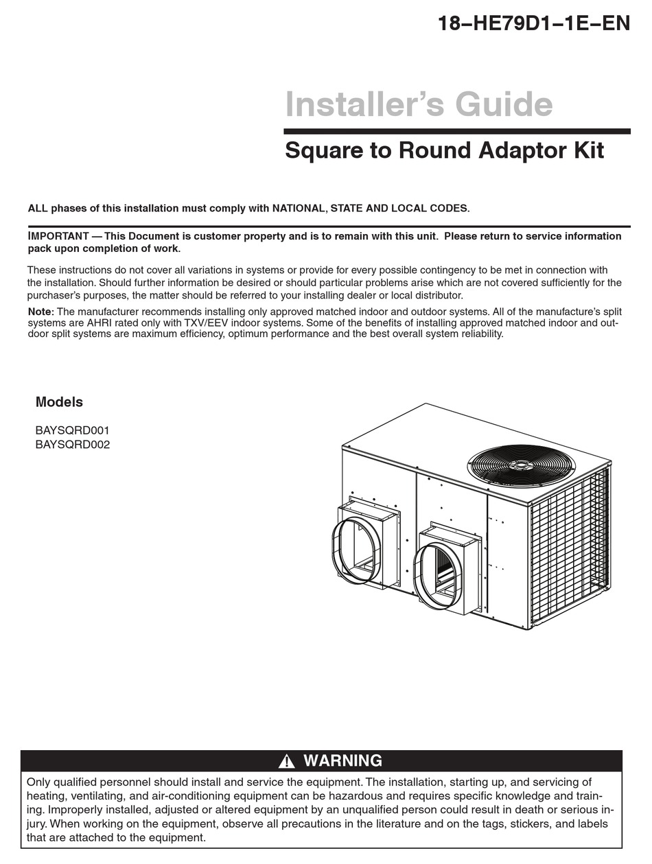 TRANE BAYSQRD001 INSTALLER'S MANUAL Pdf Download | ManualsLib