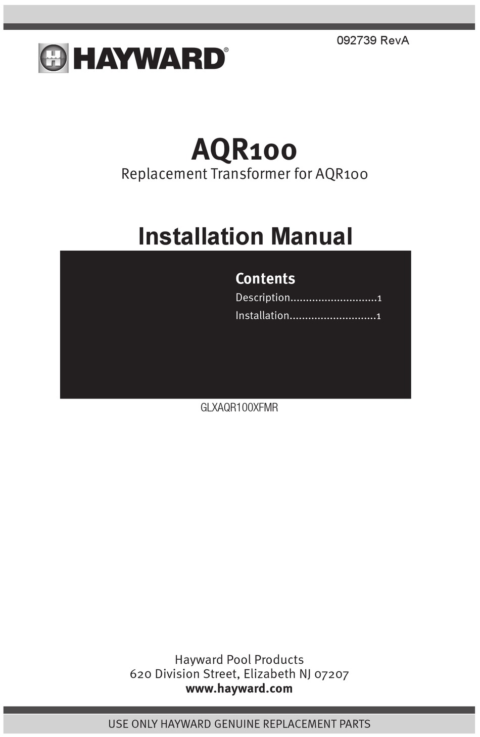 HAYWARD AQR100 INSTALLATION MANUAL Pdf Download ManualsLib