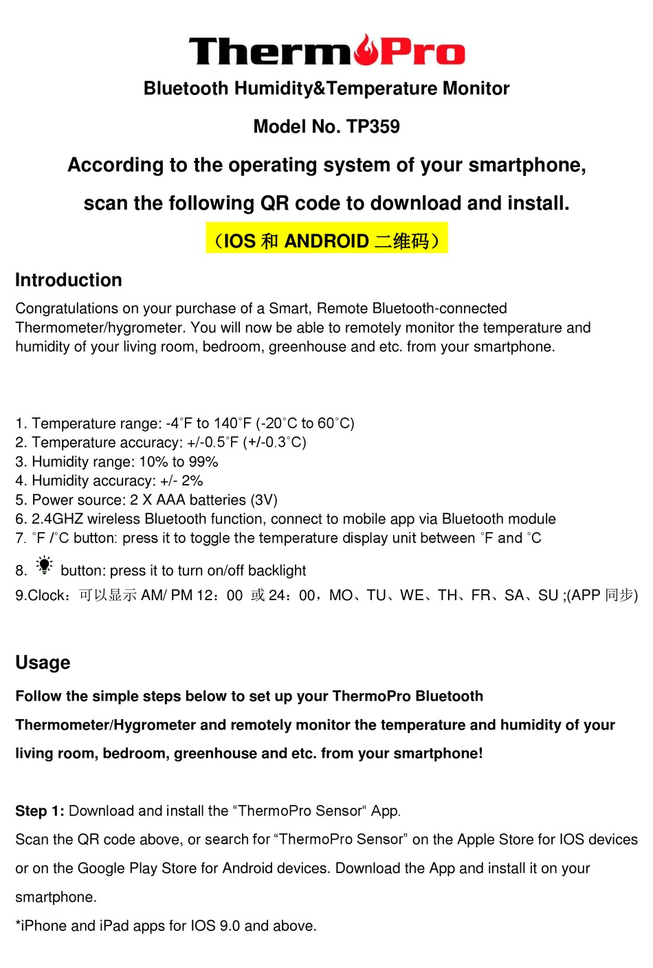 ThermoPro TP359 Bluetooth Humidity and Temperature Monitor User Manual