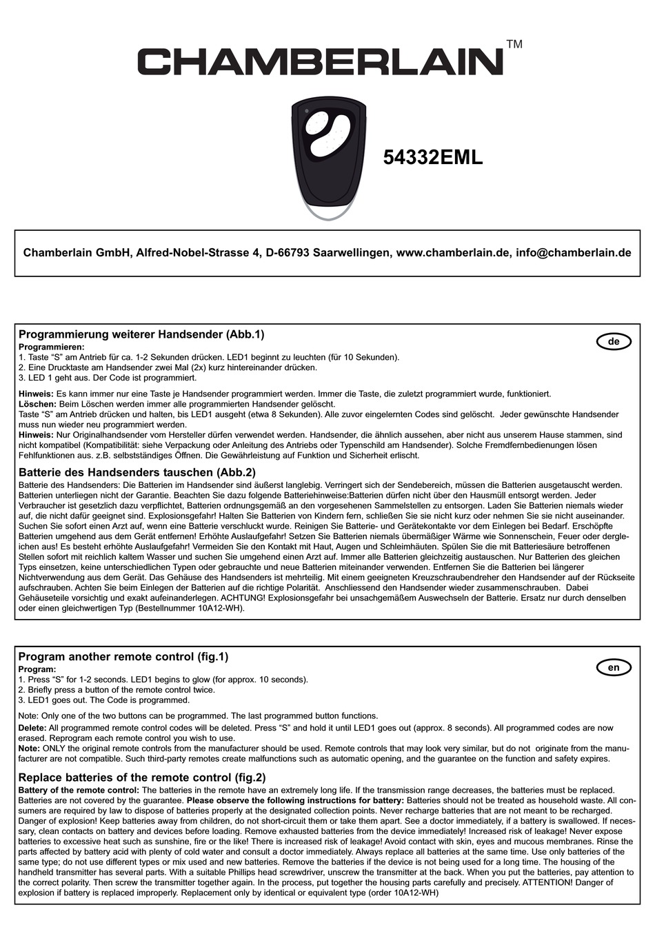 CHAMBERLAIN 54332EML INSTRUCTIONS MANUAL Pdf Download ManualsLib