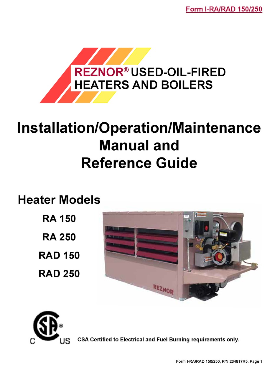 REZNOR RA 150 INSTALLATION/OPERATION/MAINTENANCE MANUAL AND REFERENCE ...