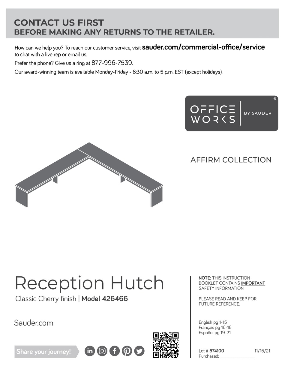SAUDER OFFICE WORKS AFFIRM 426466 MANUAL Pdf Download ManualsLib