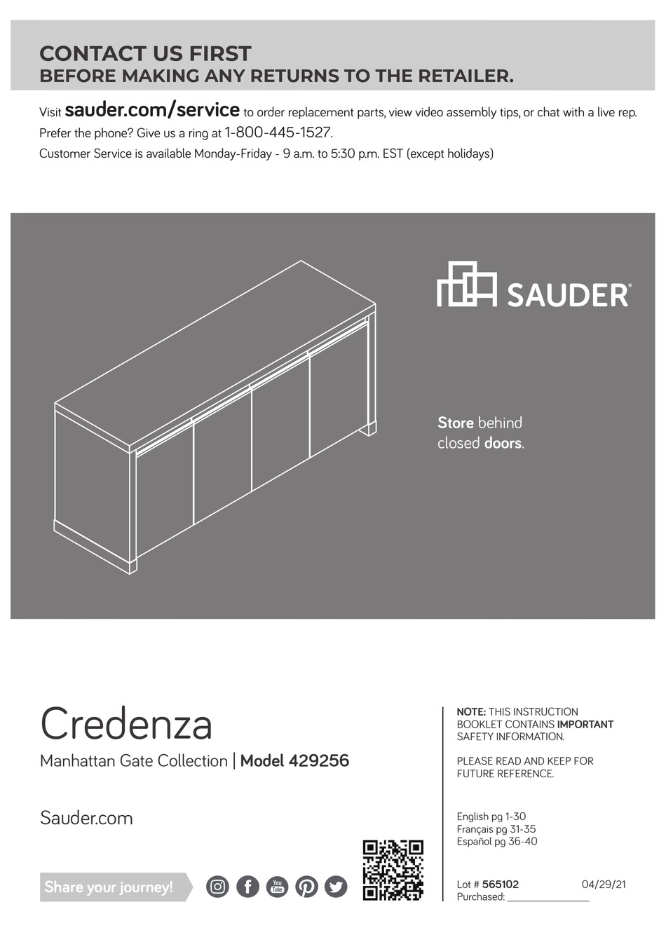 SAUDER MANHATTAN GATE 429256 MANUAL Pdf Download ManualsLib