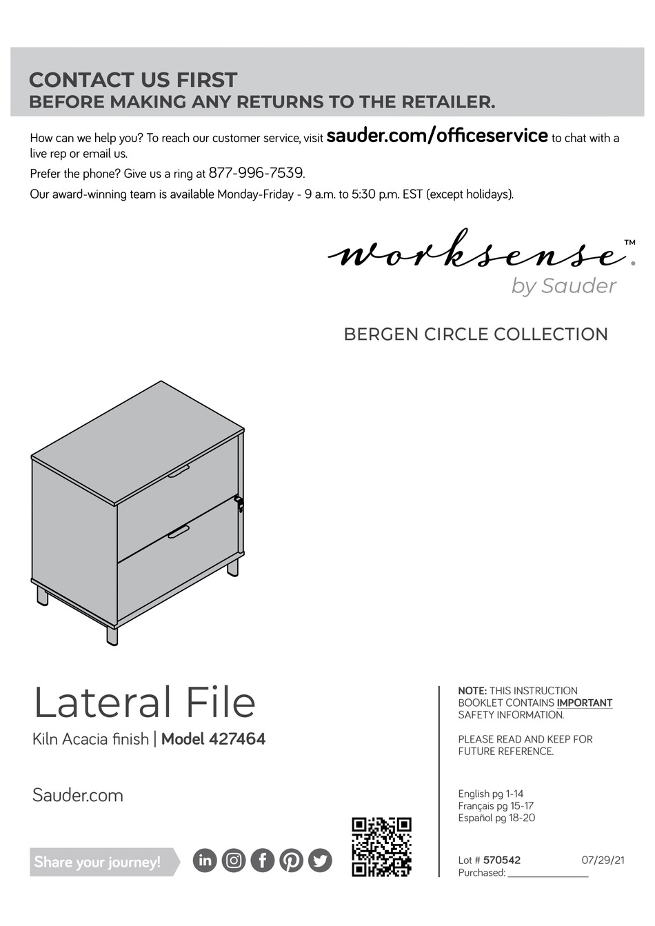 SAUDER WORKSENSE BERGEN CIRCLE 427464 MANUAL Pdf Download ManualsLib