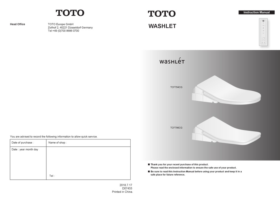 TOTO WASHLET TCF794CG INSTRUCTION MANUAL Pdf Download ManualsLib