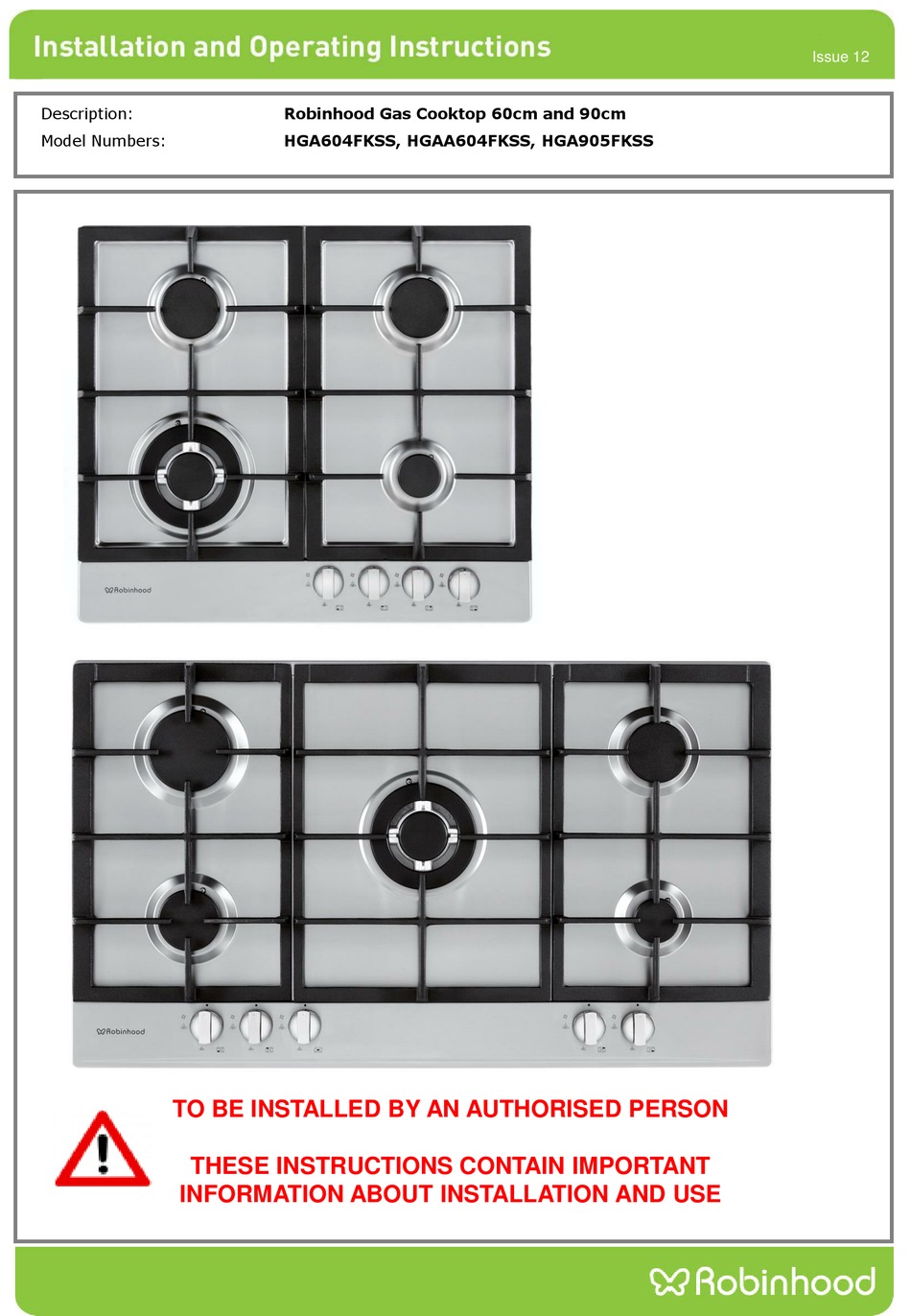 ROBINHOOD HGAA604FKSS INSTALLATION AND OPERATING INSTRUCTIONS MANUAL