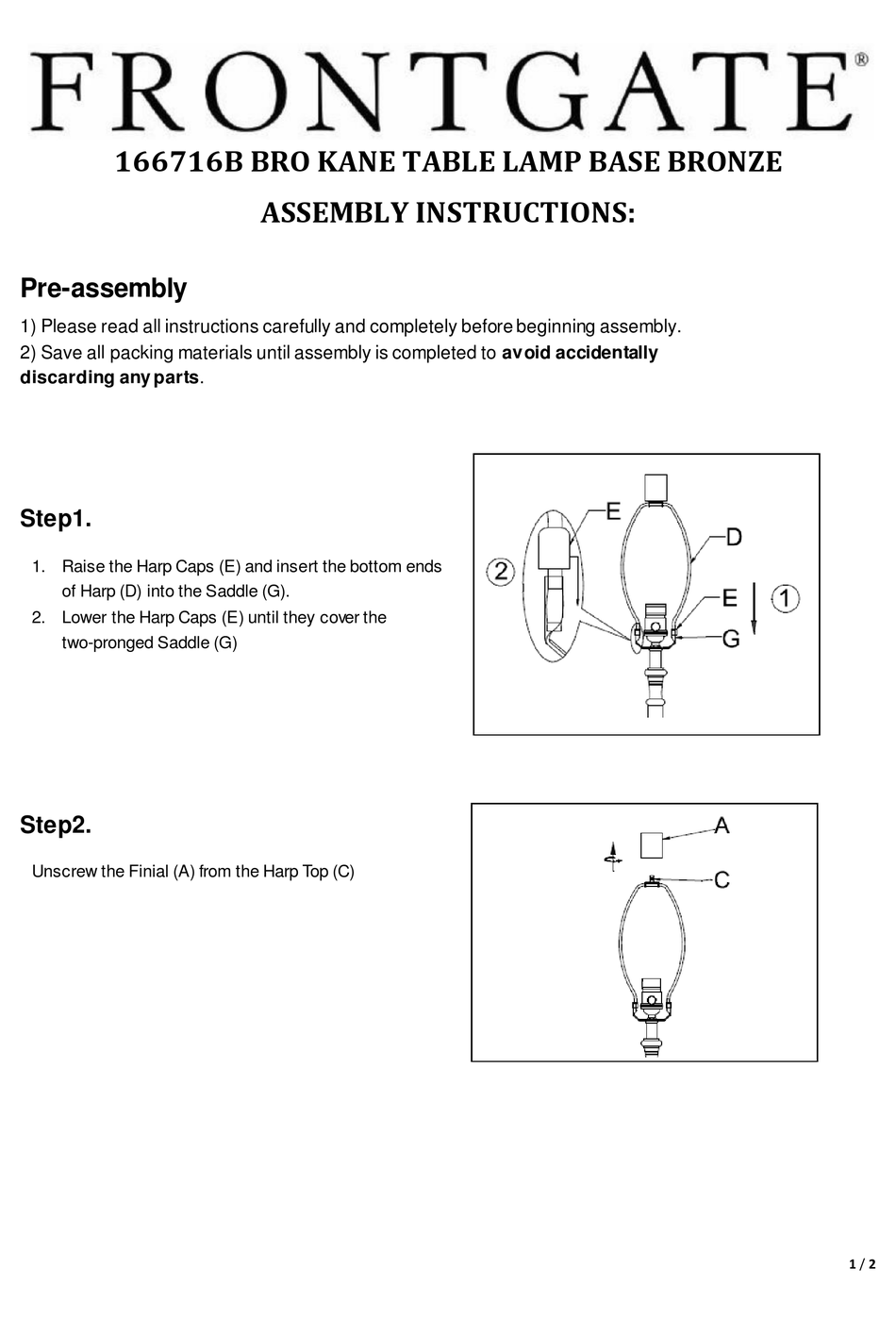 FRONTGATE BRO KANE 166716B ASSEMBLY INSTRUCTIONS Pdf Download ManualsLib