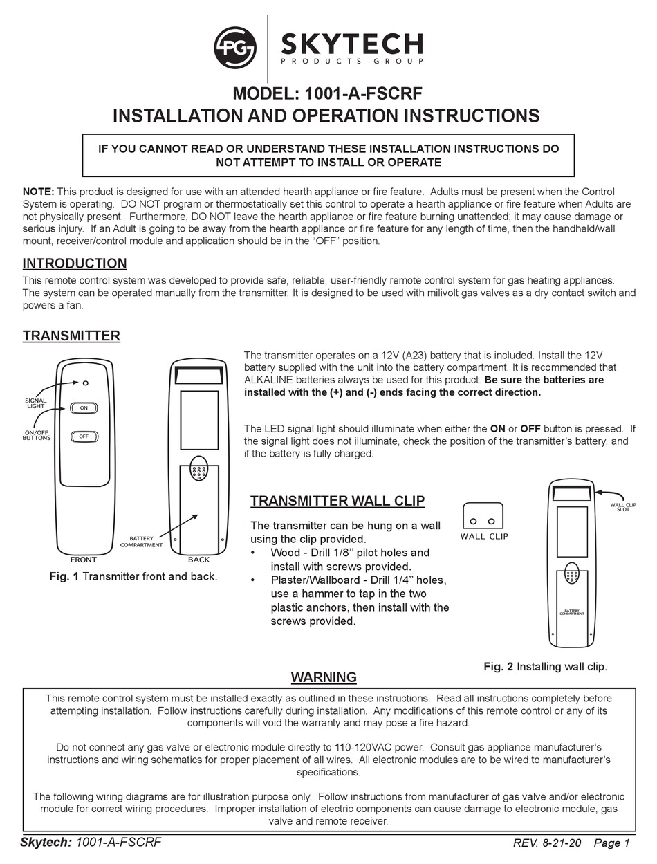 SKYTECH 1001AFSCRF INSTALLATION AND OPERATION INSTRUCTION MANUAL Pdf
