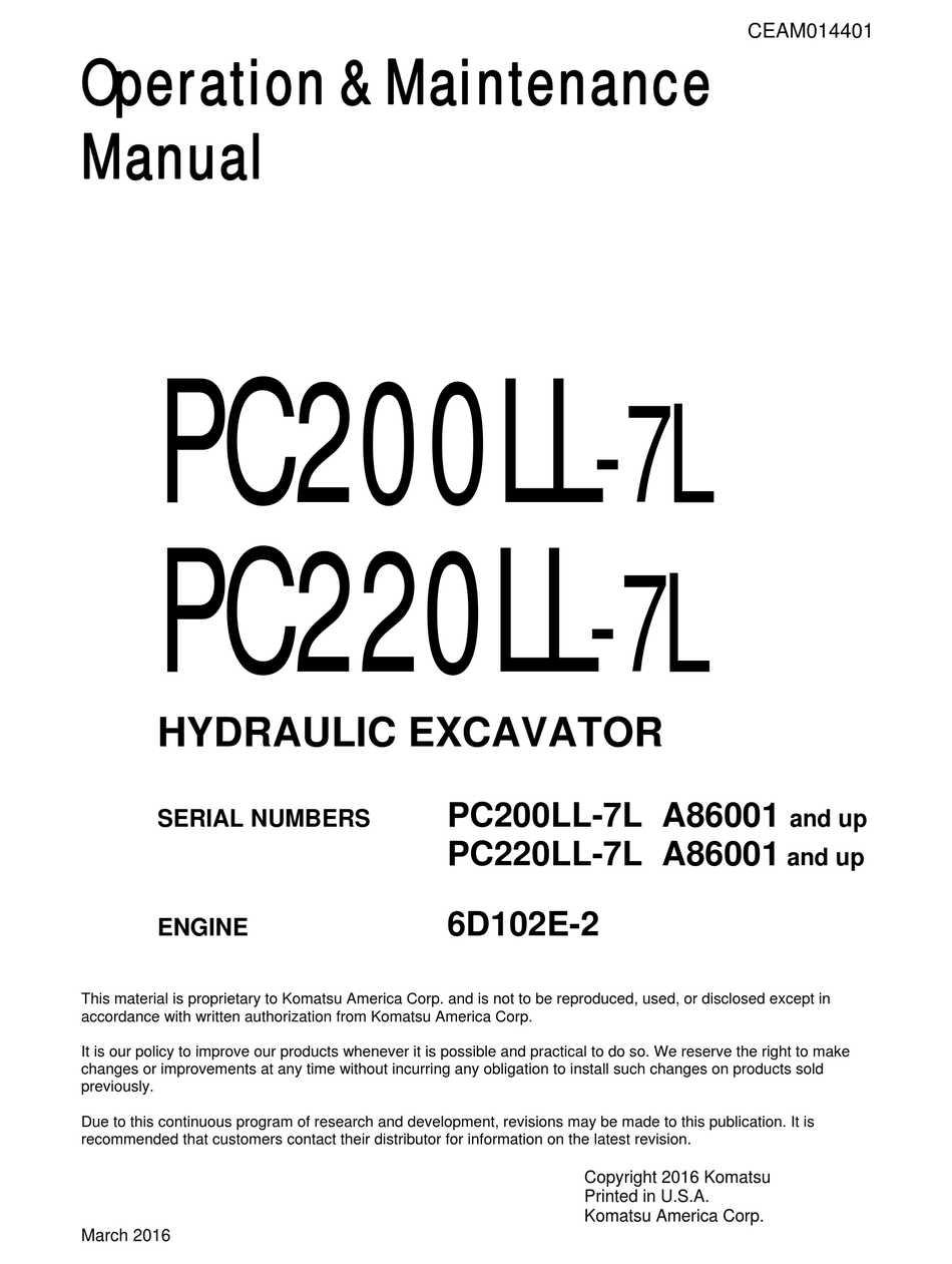 KOMATSU PC200LL7L OPERATION & MAINTENANCE MANUAL Pdf Download ManualsLib