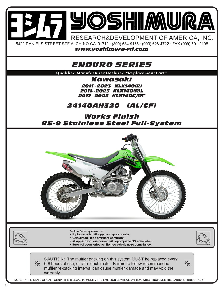 YOSHIMURA ENDURO 24140AH320 MANUAL Pdf Download ManualsLib