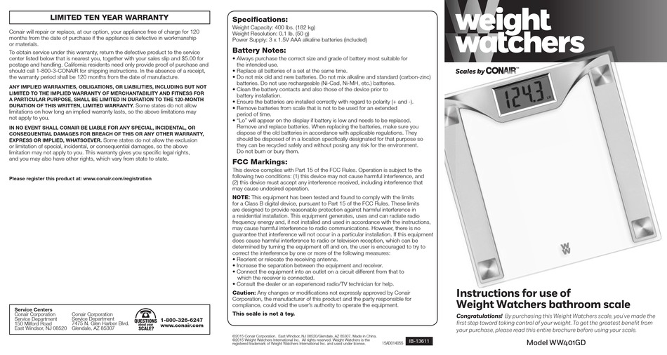 CONAIR WEIGHT WATCHERS WW401GD INSTRUCTIONS Pdf Download ManualsLib