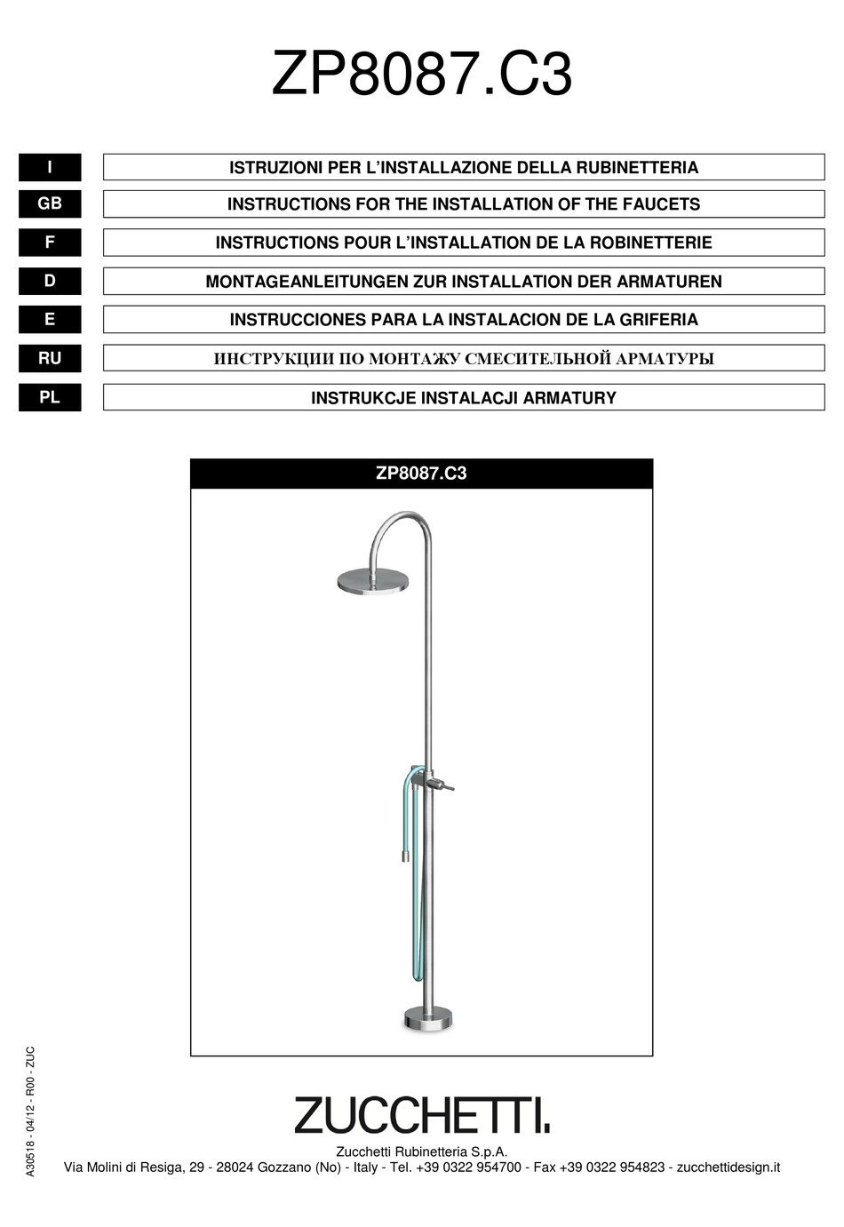 ZUCCHETTI ZP8087.C3 INSTRUCTION FOR THE INSTALLATION Pdf Download ...