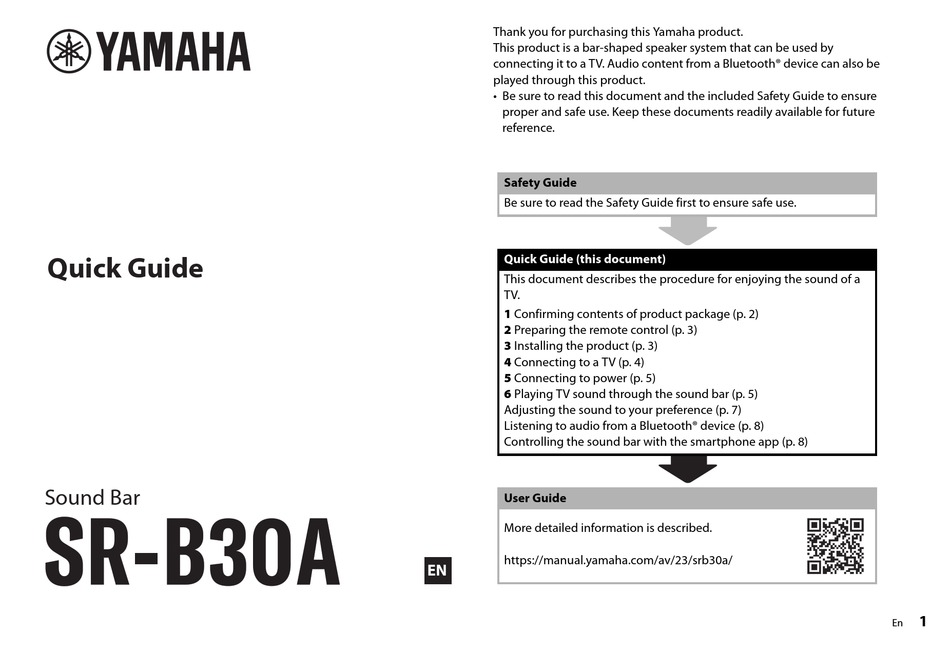 YAMAHA SR-B30A QUICK MANUAL Pdf Download | ManualsLib