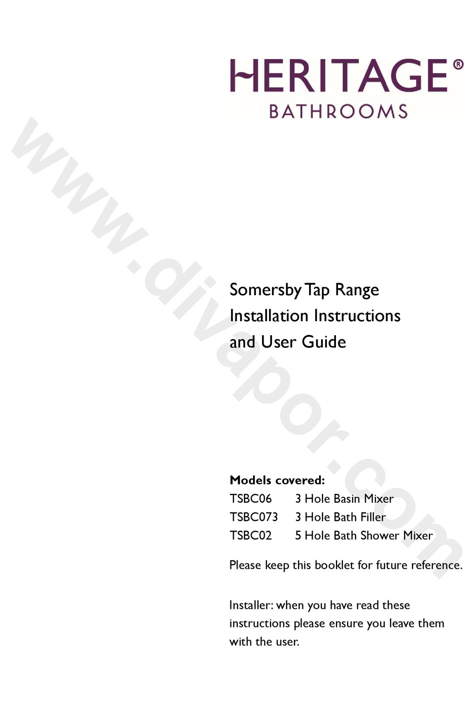 HERITAGE BATHROOMS TSBC06 INSTALLATION INSTRUCTIONS MANUAL Pdf Download