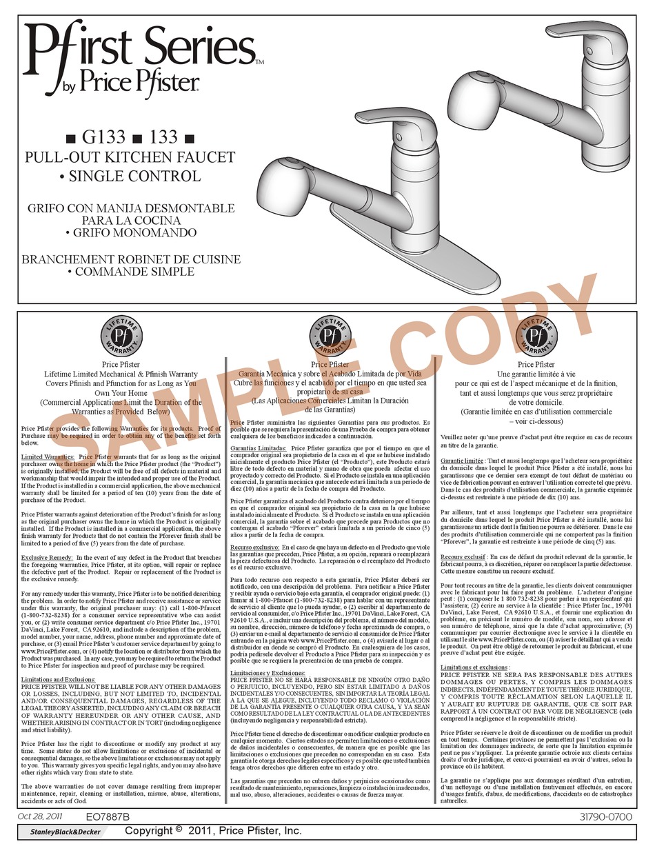 SPECTRUM BRANDS PRICE PFISTER PFIST G133 INSTALLATION INSTRUCTIONS