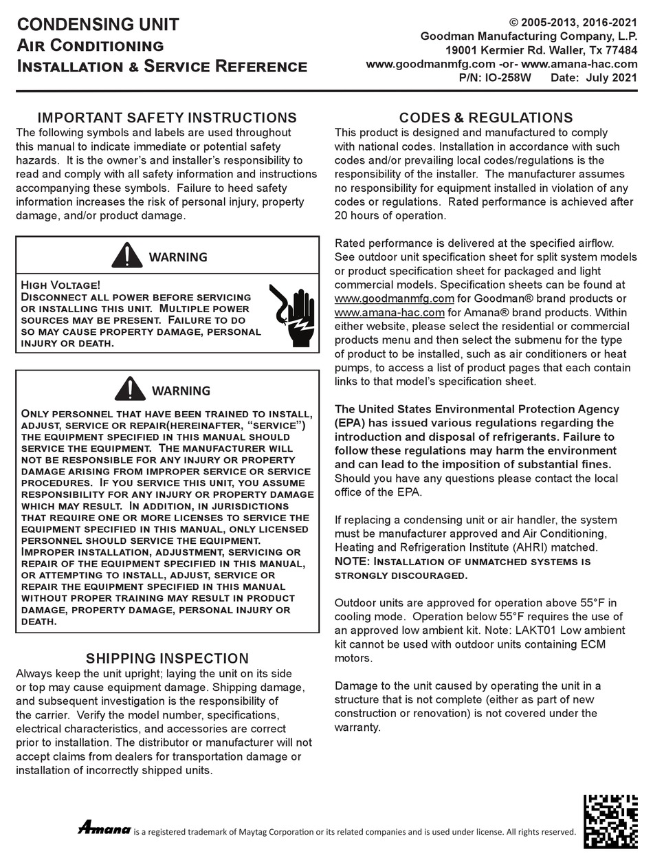 GOODMAN GSZ140311 INSTALLATION SERVICE REFERENCE Pdf Download   Goodman Gsz140311 