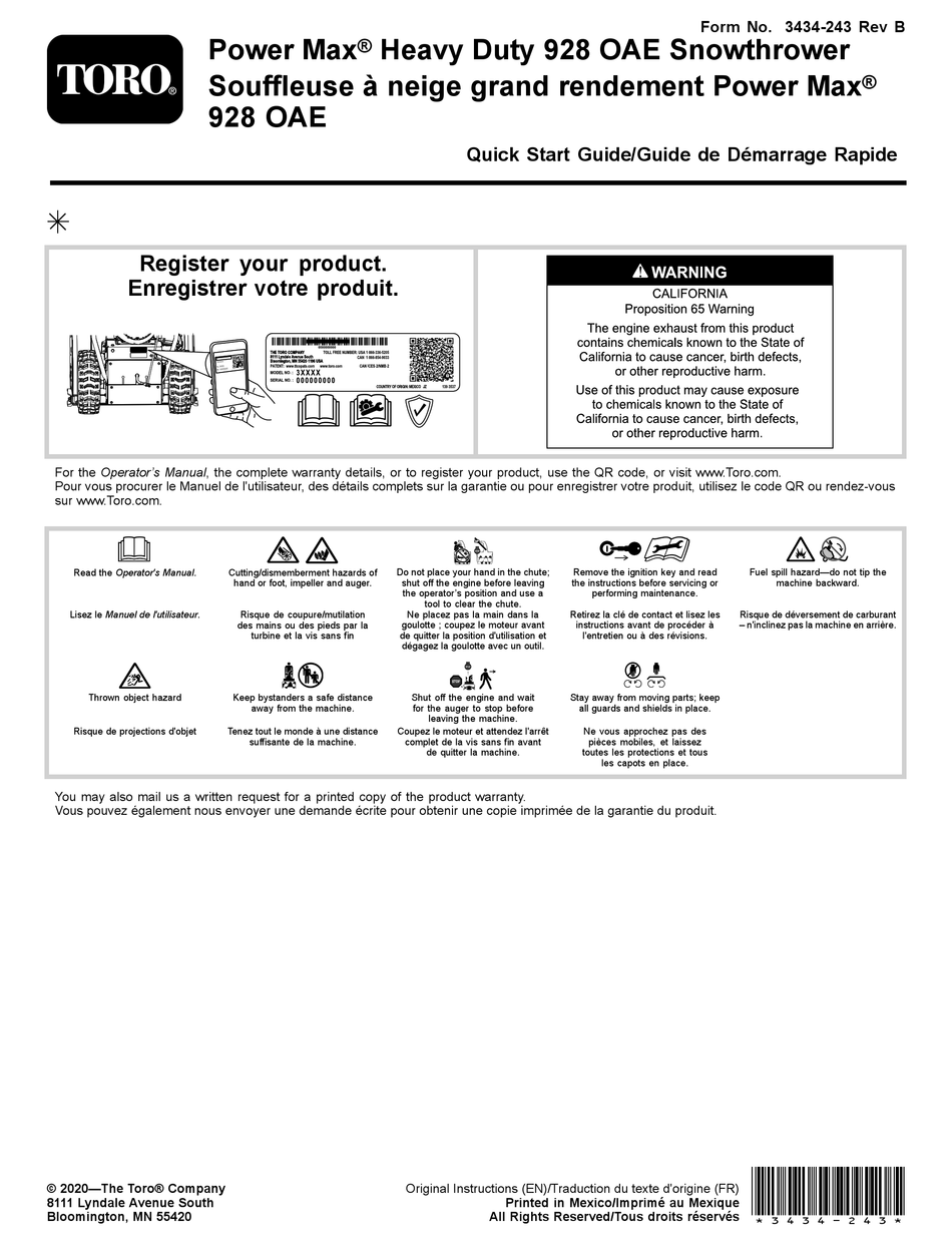 TORO POWER MAX HEAVY DUTY 928 OAE QUICK START MANUAL Pdf Download ...