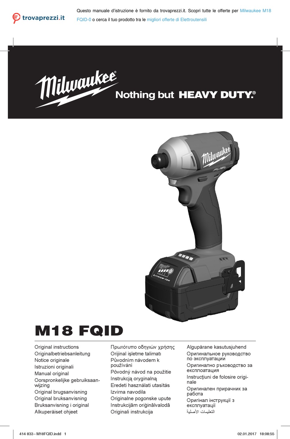 MILWAUKEE HEAVY DUTY M18 FQID-0 ORIGINAL INSTRUCTIONS MANUAL Pdf ...