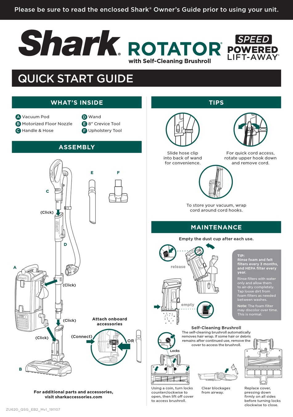 SHARK ROTATOR POWERED LIFTAWAY ZU620 QUICK START MANUAL Pdf Download