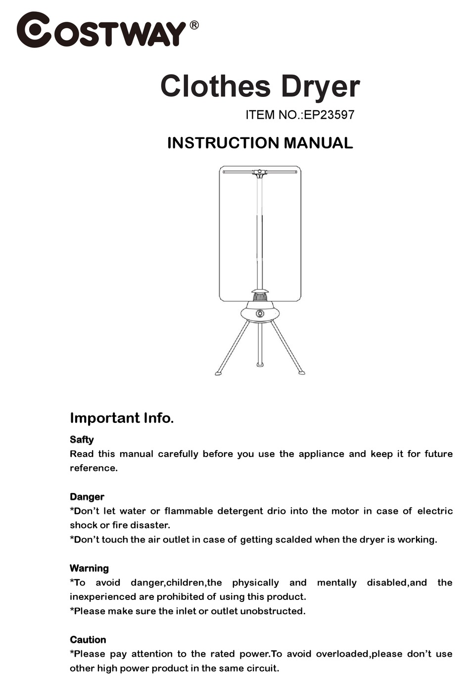 COSTWAY EP23597 INSTRUCTION MANUAL Pdf Download ManualsLib