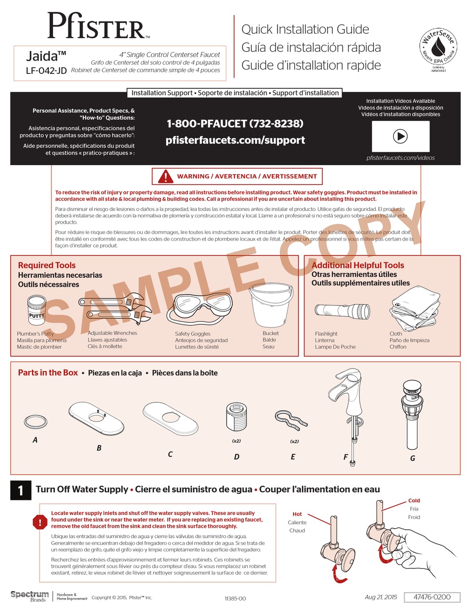 SPECTRUM BRANDS PFISTER JAIDA LF042JD QUICK INSTALLATION MANUAL Pdf