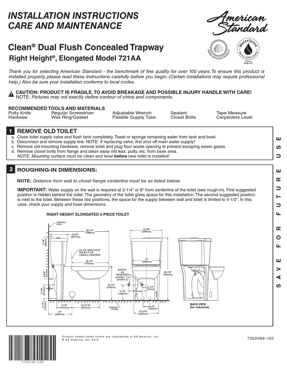 AMERICAN STANDARD 721AA INSTALLATION INSTRUCTIONS CARE AND MAINTENANCE ...