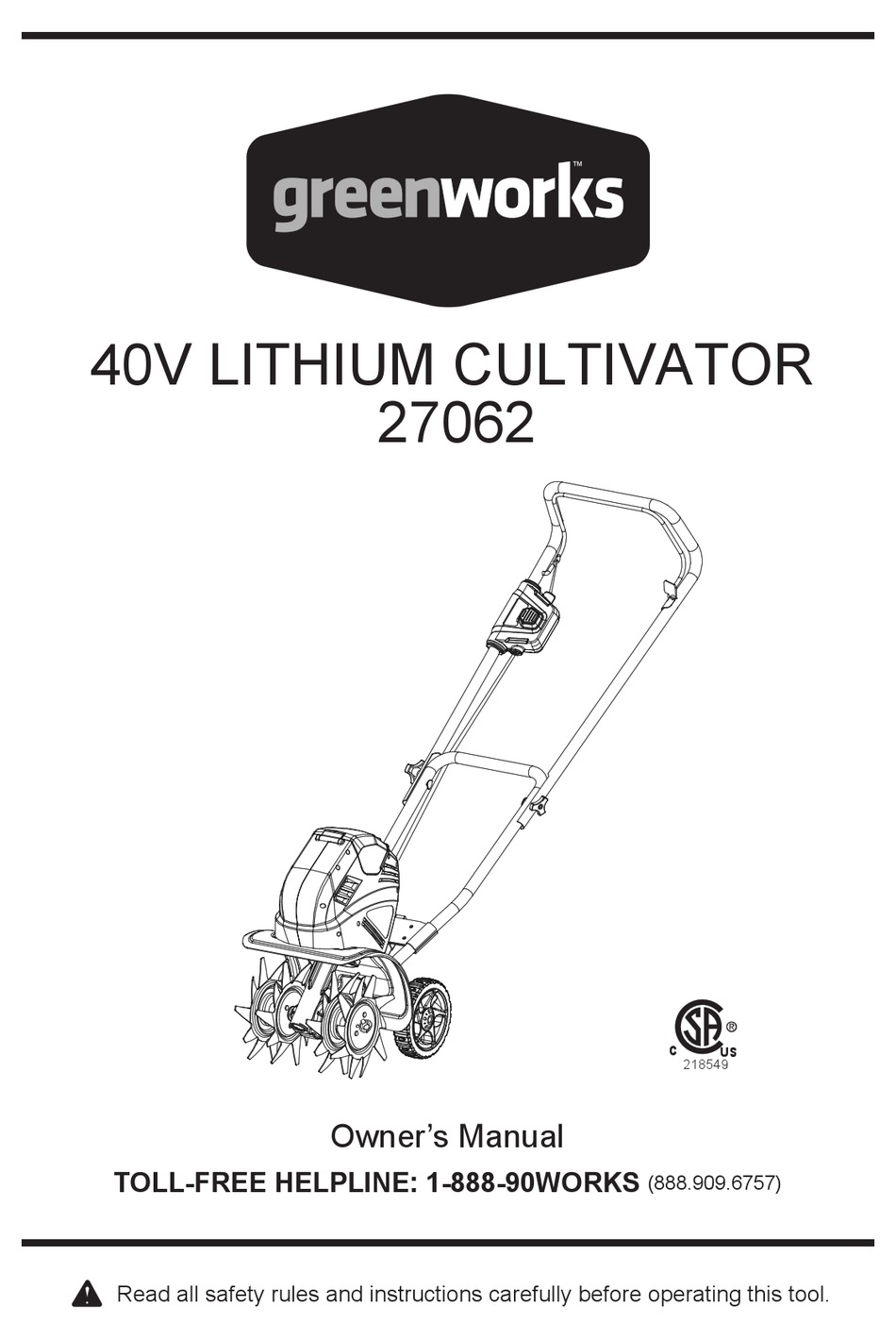 GREENWORKS 27062A OWNER