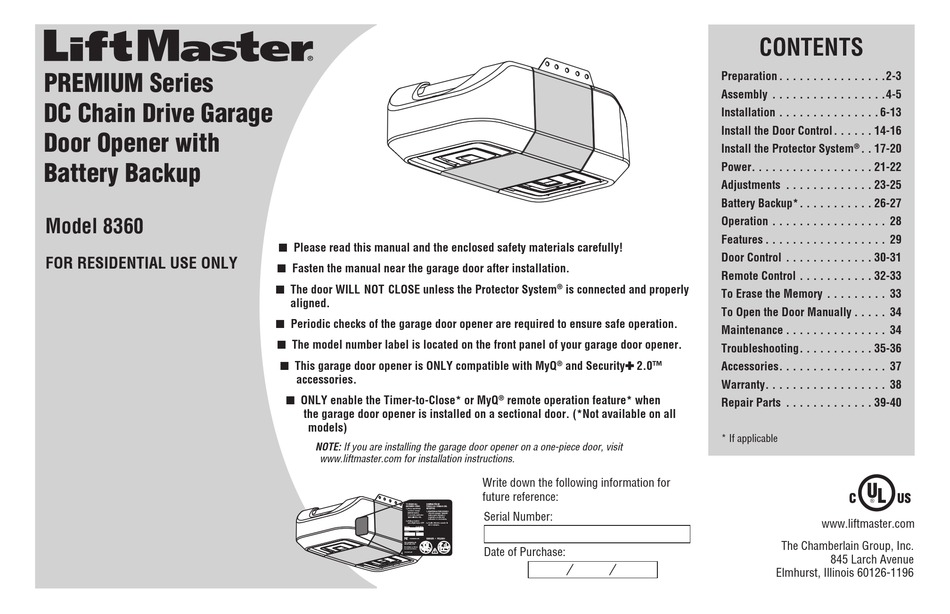 Chamberlain Liftmaster Premium Series Manual Pdf Download Manualslib