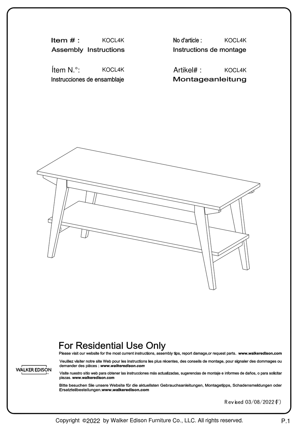 WALKER EDISON KOCL4K ASSEMBLY INSTRUCTIONS MANUAL Pdf Download ManualsLib