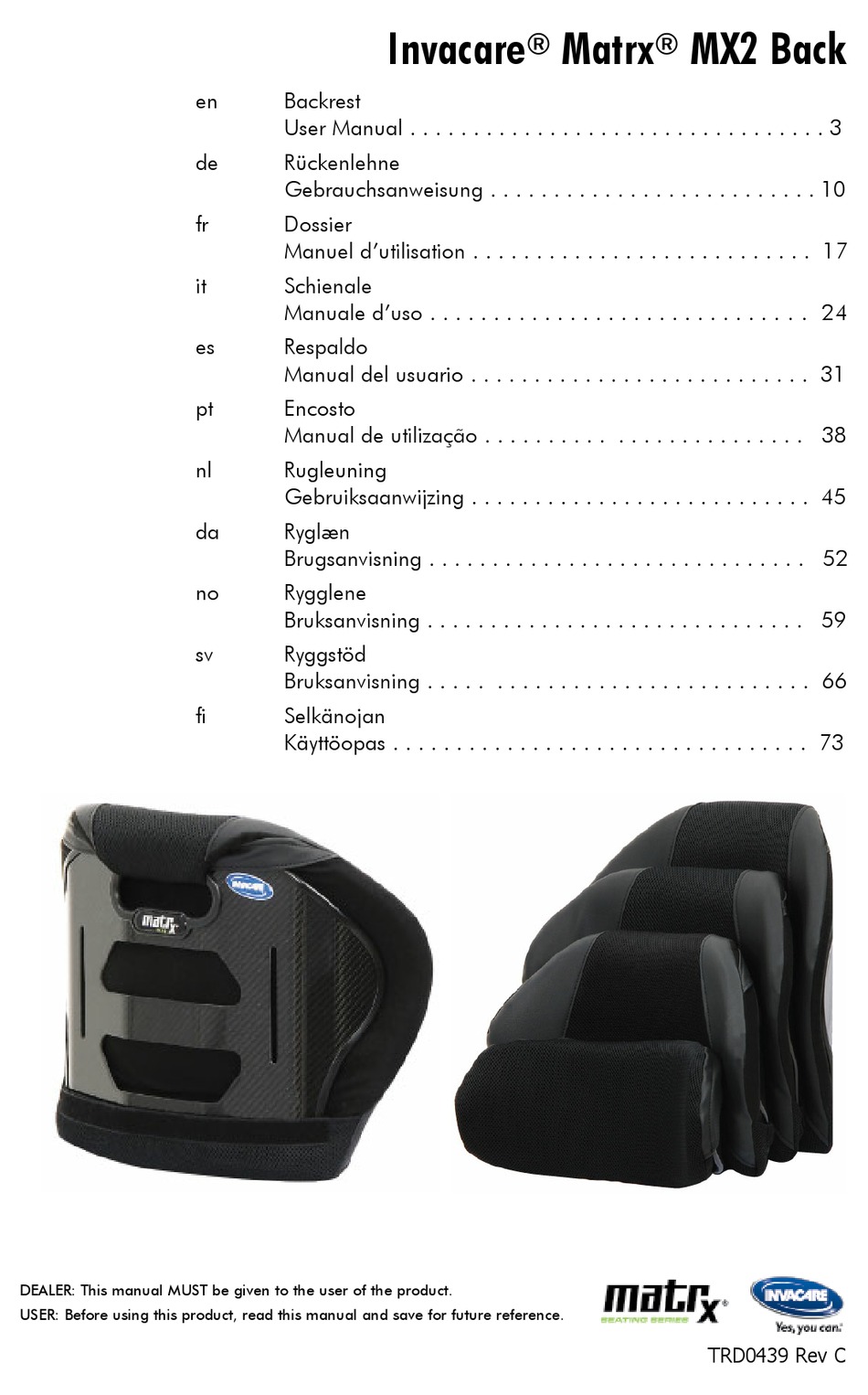 MOTION CONCEPTS INVACARE MATRX MX2 BACK USER MANUAL Pdf Download