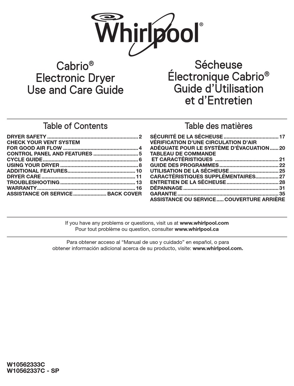 WHIRLPOOL W10562337C-SP USE AND CARE MANUAL Pdf Download | ManualsLib