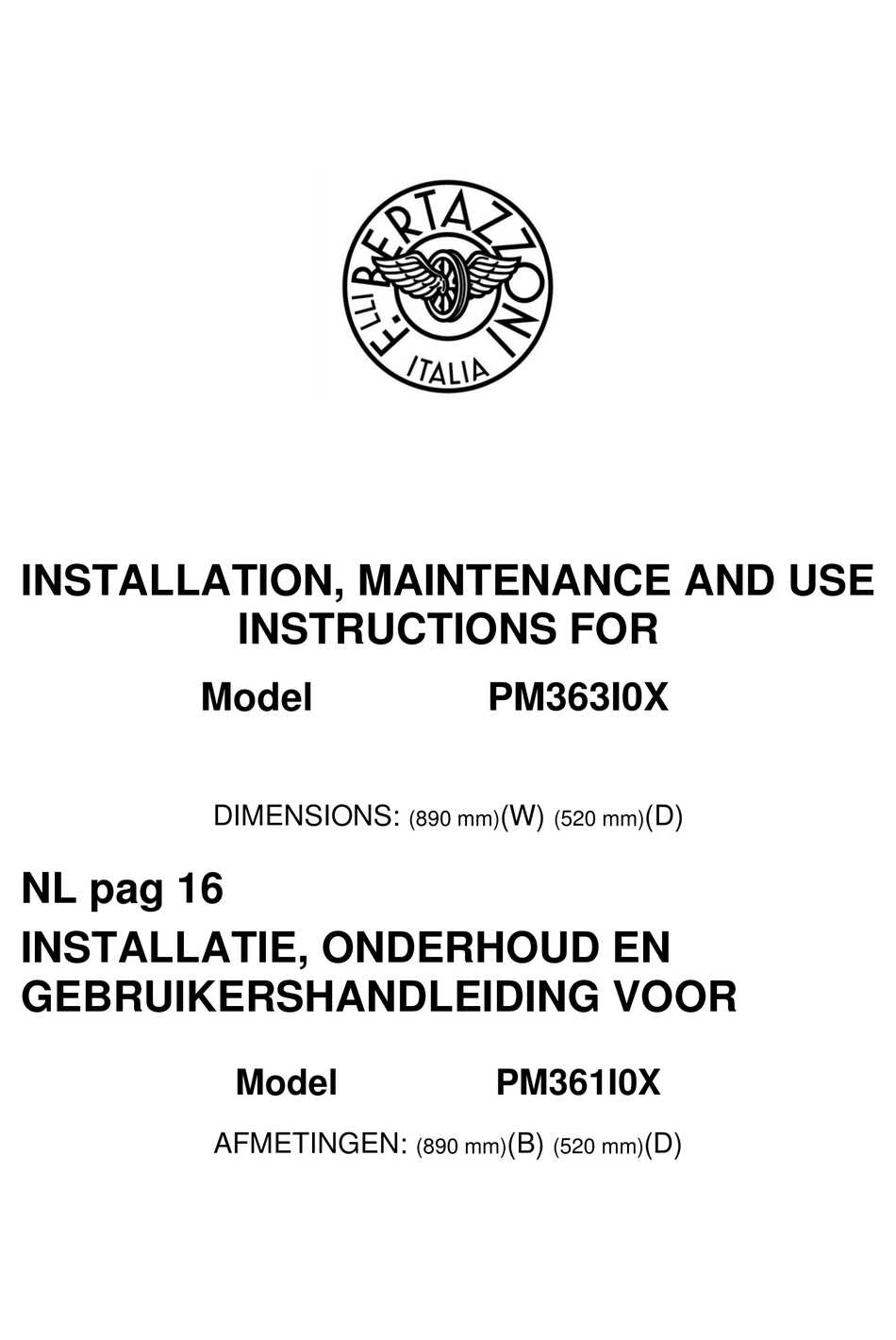 BERTAZZONI PM361I0X INSTALLATION, MAINTENANCE AND USE INSTRUCTIONS Pdf