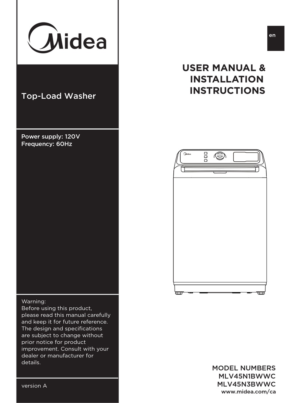 MIDEA MLV45N1BWWC USER'S MANUAL & INSTALLATION INSTRUCTIONS Pdf