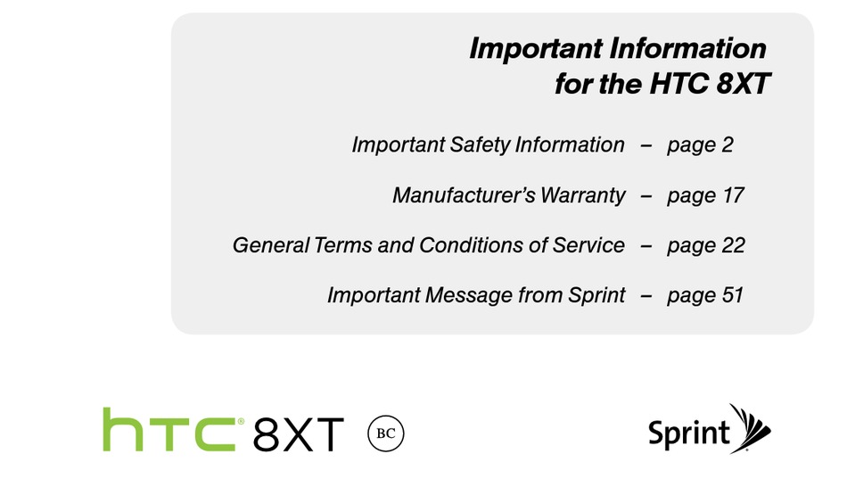 HTC 8XT IMPORTANT INFORMATION MANUAL Pdf Download | ManualsLib