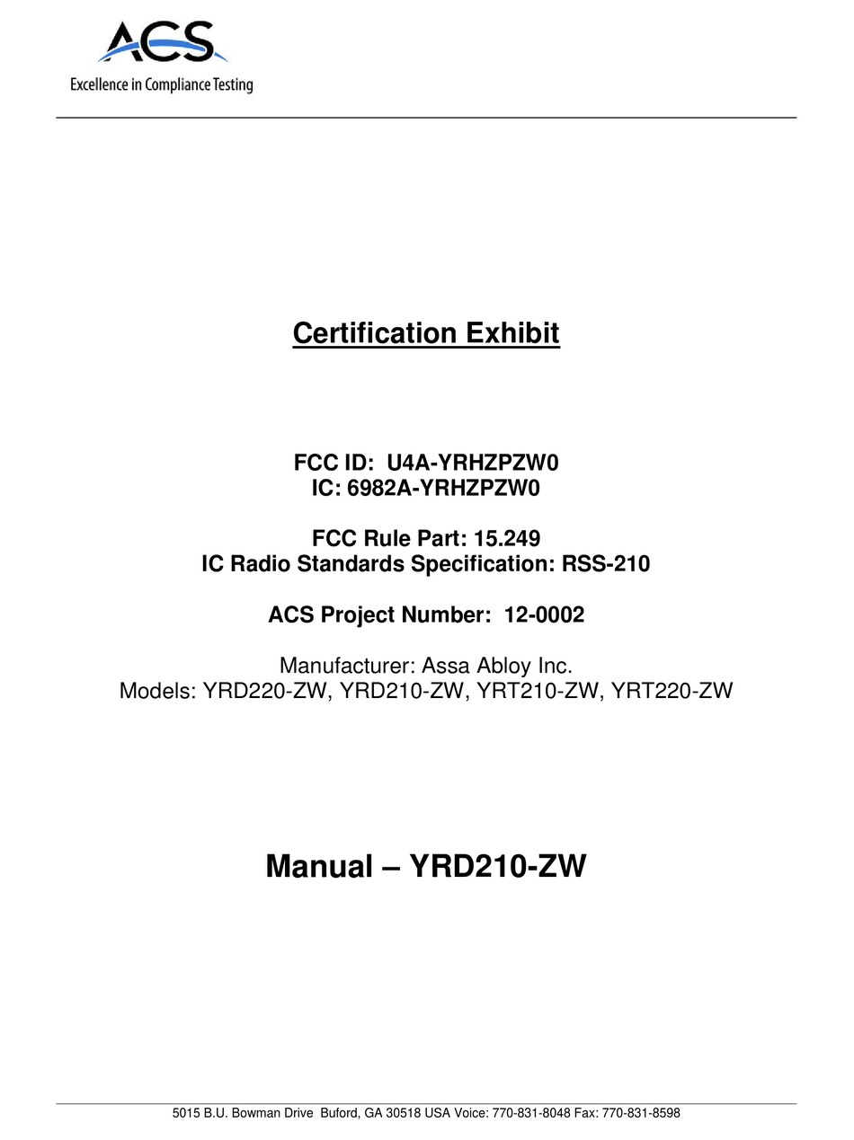 ASSA ABLOY YALE REAL LIVING YRD210ZW INSTALLATION AND PROGRAMMING