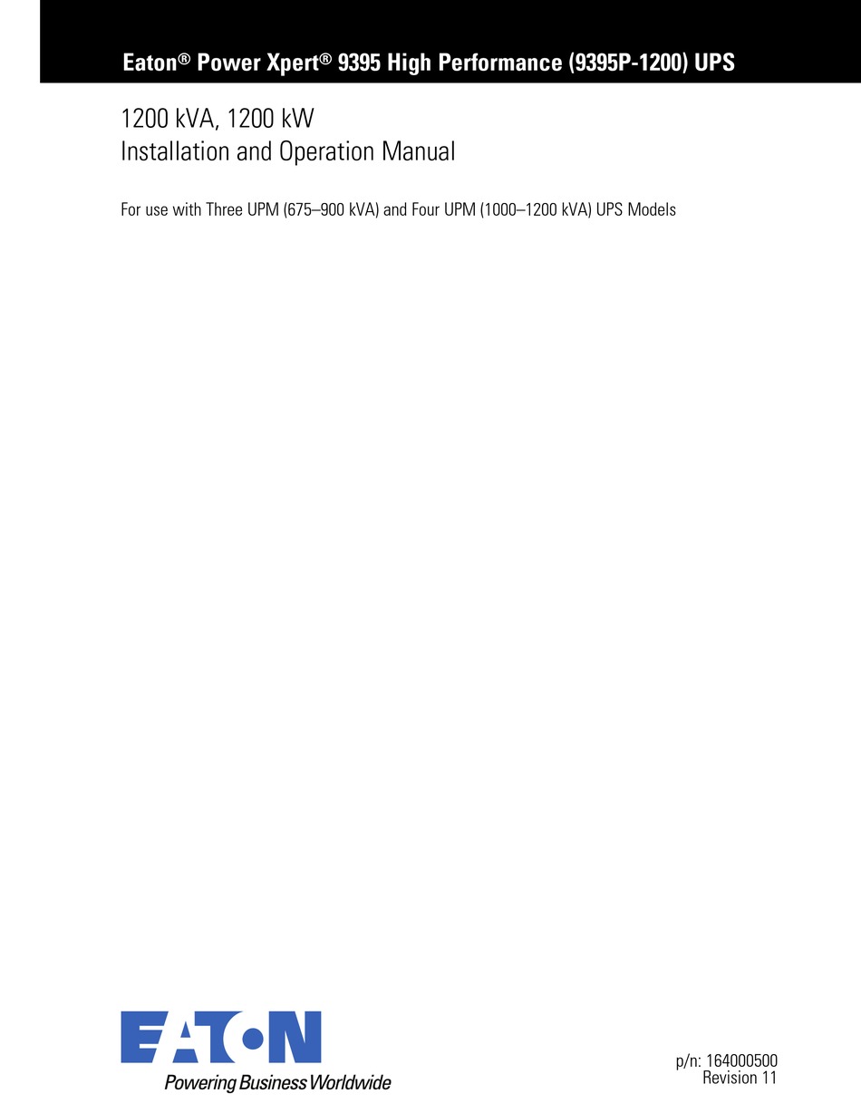 EATON POWER XPERT 9395P-1100/1100 INSTALLATION AND OPERATION MANUAL Pdf ...