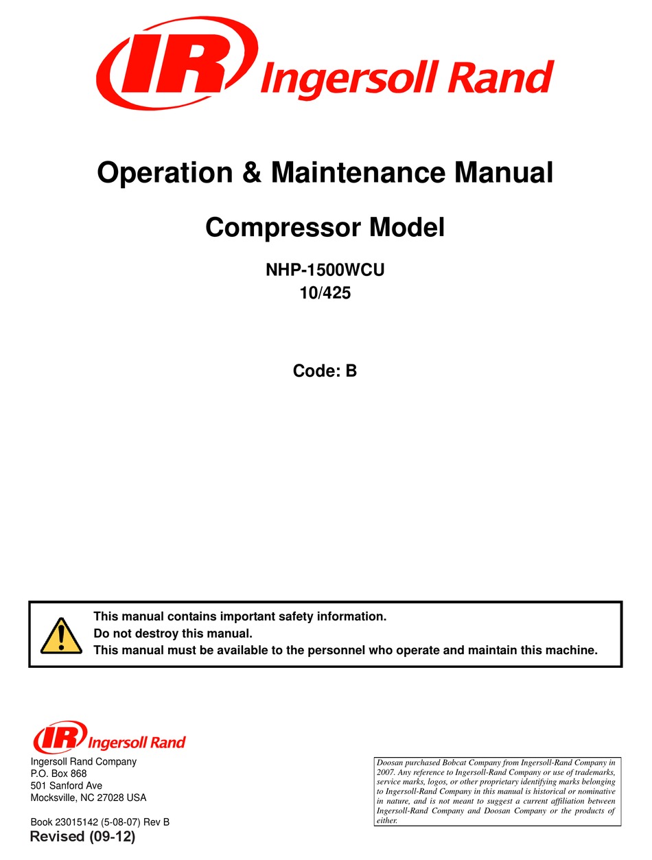 INGERSOLL-RAND NHP-1500WCU OPERATION & MAINTENANCE MANUAL Pdf Download ...