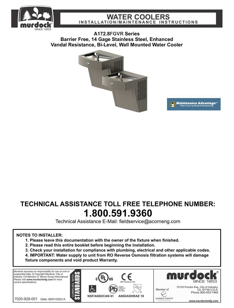 MURDOCK A172.8FGVR SERIES INSTALLATION & MAINTENANCE INSTRUCTIONS ...