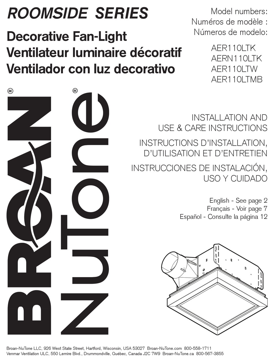 NUTONE ROOMSIDE AER110LTW INSTALLATION AND USE & CARE INSTRUCTIONS Pdf ...
